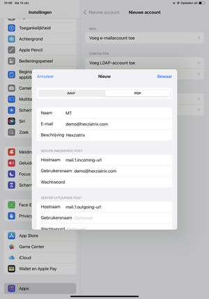 Selecteer IMAP of POP en voer e-mailgegevens voor SERVER INKOMENDE POST in