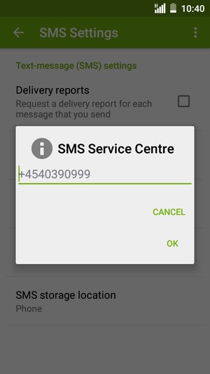 Enter the SMS Service Centre number and select OK
