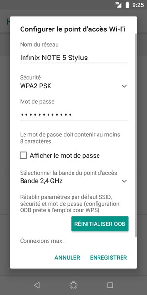 Saisissez un mot de passe de hotspot Wi-Fi d'au moins 8 caractères et sélectionnez ENREGISTRER