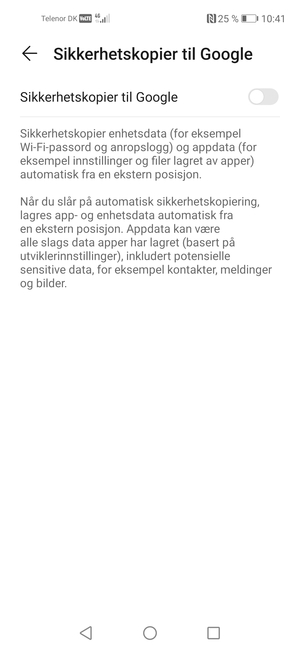 Slå på Sikkerhetskopier til Google