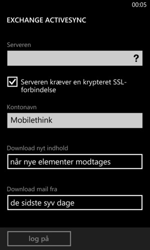 Indtast Exchange serveradresse og giv din konto et navn