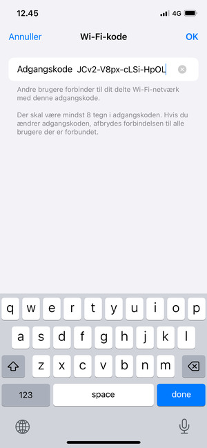 Indtast en Wi-Fi adgangskode på minimum 8 tegn og vælg OK