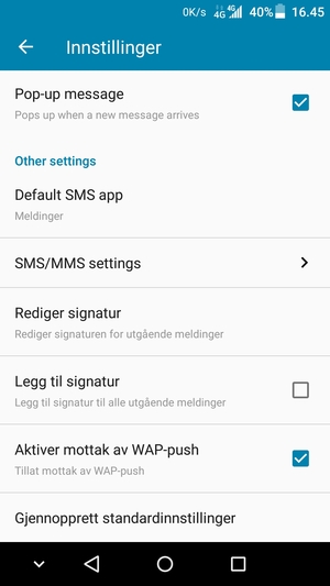Bla til og velg SMS/MMS settings