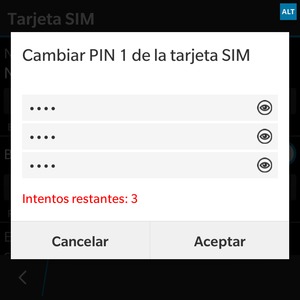 Introduzca su PIN SIM actual y Nuevo PIN SIM. Confirme el Nuevo PIN SIM y seleccione Aceptar