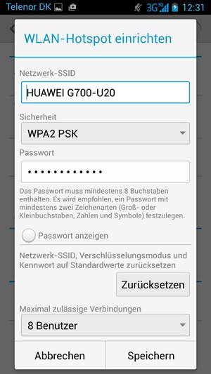 Geben Sie eine WLAN-Hotspot-Passwort mit mindestens 8 Zeichen ein und wählen Sie Speichern
