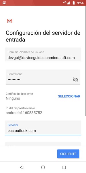 Introduzca Nombre de usuario y la dirección de servidor Exchange. Seleccione SIGUIENTE