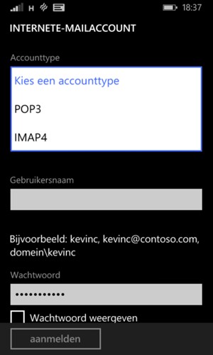 Selecteer Accounttype en selecteer vervolgens POP3 of IMAP4