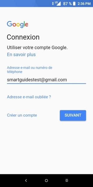 Saisissez votre adresse Gmail et sélectionnez SUIVANT