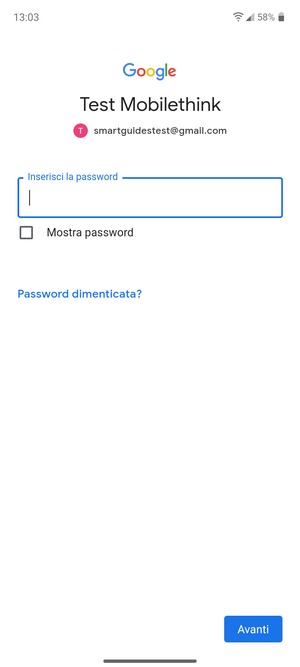 Inserisci la tua password e seleziona Avanti