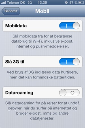 For at aktivere 3G, Slå 3G til