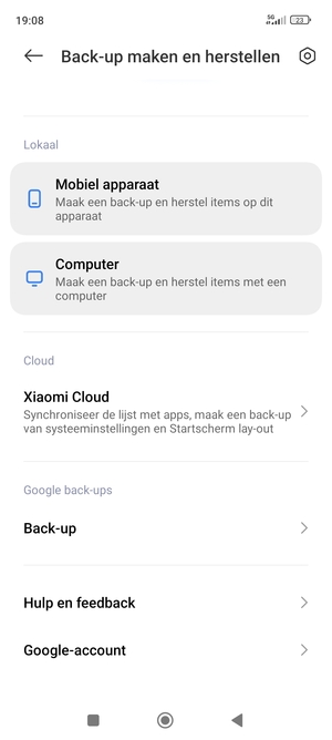 Scroll naar en selecteer Back-up