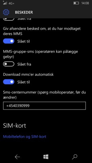 Scroll til og vælg SMS-centernummer