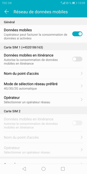 Faites défiler jusqu'à Carte SIM 1 ou Carte SIM 2 et sélectionnez Mode de sélection réseau préféré