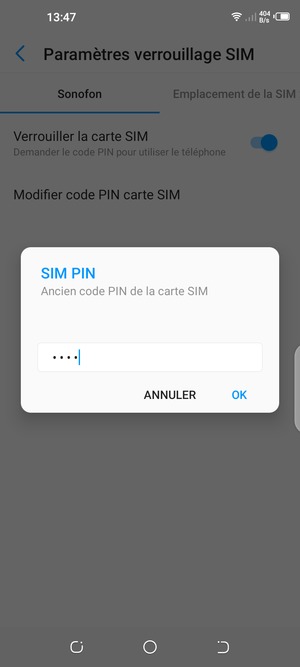 Saisissez votre Ancien code PIN care SIM et sélectionnez OK