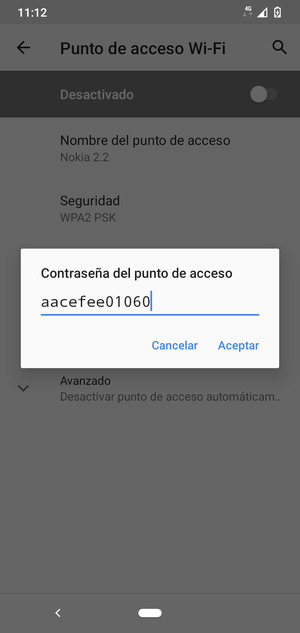 Introduzca una contraseña de punto de acceso Wi-Fi de al menos 8 caracteres y seleccione Aceptar