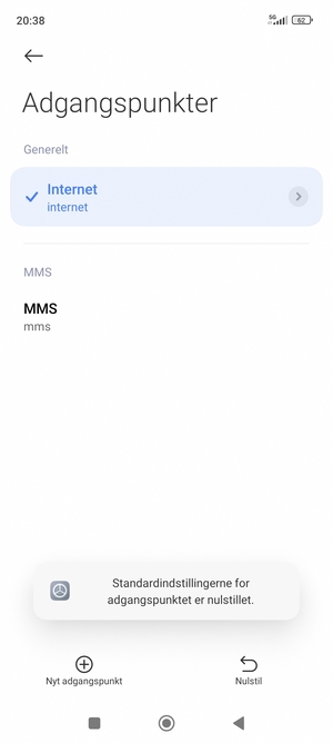 Din telefon vil nulstille til standard internet- og MMS-indstillinger