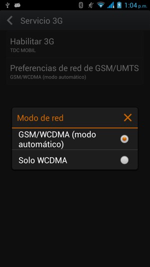 Seleccione GSM/WCDMA (modo automático) para habilitar 2G y 3G