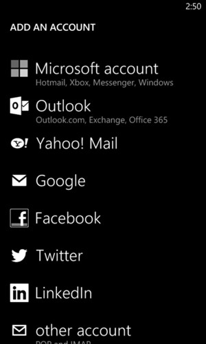 Select Google for Gmail or Microsoft account for Hotmail