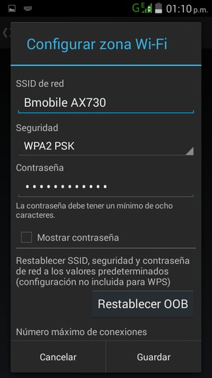 Introduzca una contraseña de punto de acceso Wi-Fi de al menos 8 caracteres y seleccione Guardar