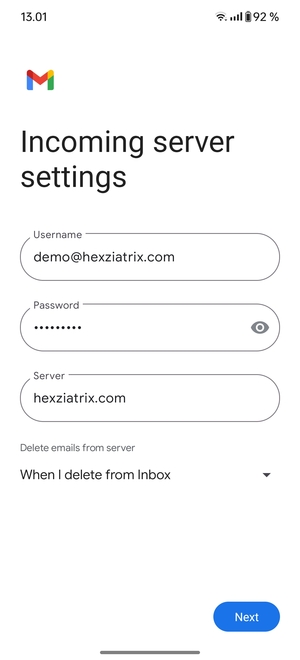 Enter Username and Incoming server address. Select Next