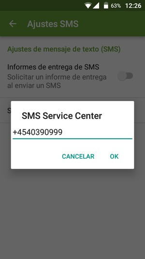 Introduzca el número de SMS Service Center y seleccione OK