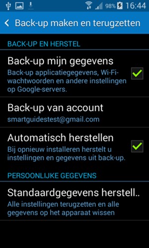 Selecteer Back-up van account