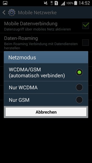 Wählen Sie Nur GSM, um 2G zu aktivieren und WCDMA/GSM (automatisch verbinden), um 3G zu aktivieren