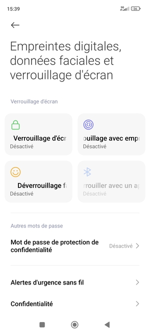 Pour activer votre verrouillage d'écran, retournez au menu Empreintes digitales, données faciales et verrouilage de l'ecran et appuyez sur Verrouillage d'écran