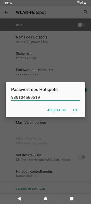 Geben Sie eine WLAN-Hotspot-Passwort mit mindestens 8 Zeichen ein und wählen Sie OK