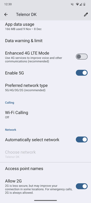 Scroll to and select Preferred network type