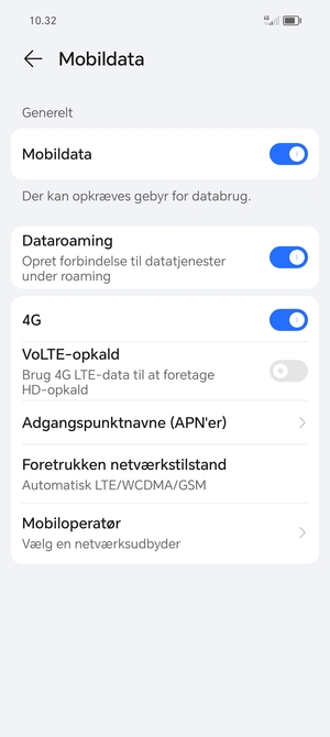 Slå Dataroaming til eller fra