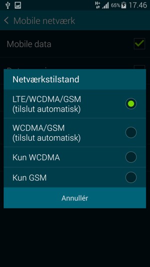 Vælg WCDMA/GSM (tilslut automatisk) for at aktivere 3G og LTE/WCDMA/GSM (tilslut automatisk) for at aktivere 4G