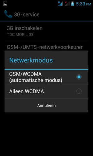 Selecteer GSM/WCDMA (automatische modus) om 2G/3G in te schakelen en Alleen WCDMA om 3G in te schakelen