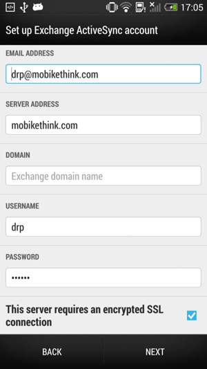 Enter the Exchange server address and Username. Select NEXT
