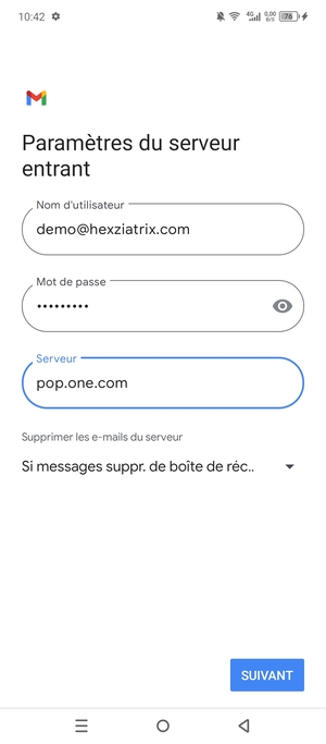 Saisissez votre Nom d'utilisateur et l'adresse du serveur entrant. Sélectionnez SUIVANT