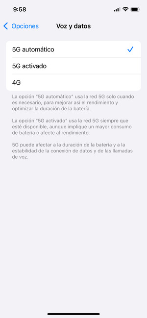 Para habilitar 5G, seleccione 5G automático o 5G activado