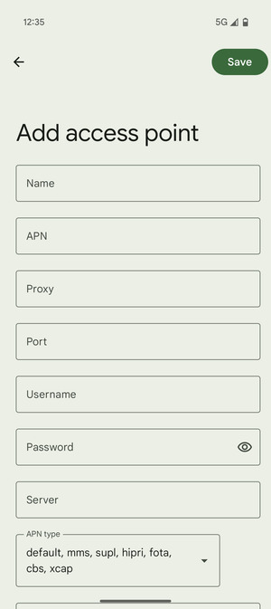 Scroll to and select APN type