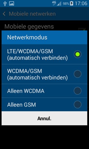 Selecteer WCDMA/GSM (automatisch verdbinden) om 3G in te schakelen en LTE/WCDMA/GSM (automatisch verbinden) om 4G in te schakelen