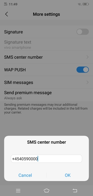 Enter the SMS center number number and select OK