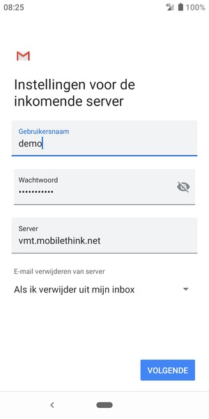 Voer Gebruikersnaam en inkomende serveradres in. Selecteer VOLGENDE