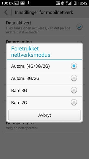 Velg Autom. 3G/2G for å aktivere 3G og Autom. (4G/3G/2G) for å aktivere 4G