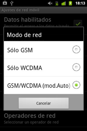Seleccione Sólo GSM para habilitar 2G y GSM/WCDMA (mod.Auto) para habilitar 3G