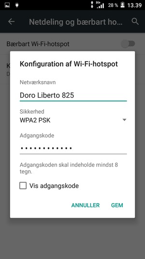 Indtast en Wi-Fi-hotspot adgangskode på minimum 8 tegn og vælg GEM