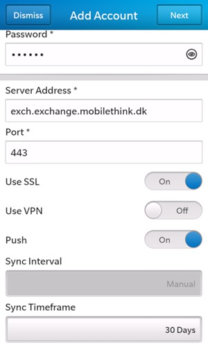 Scroll down and enter Exchange Server Address. Select Next