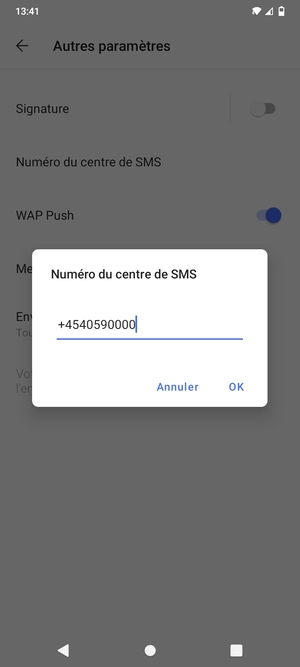Saisissez le numéro du centre de SMS et sélectionnez OK
