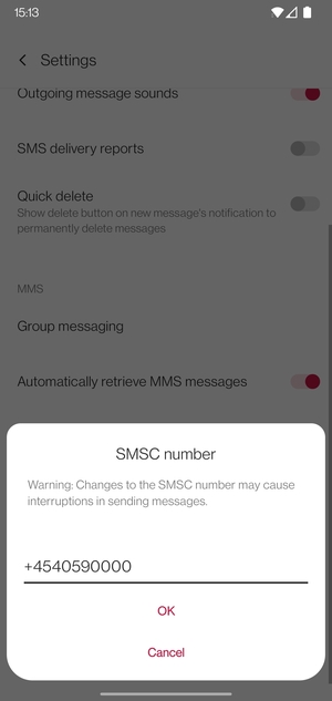 Enter the SMSC number and select OK