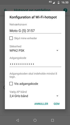 Indtast en Wi-Fi-hotspot adgangskode på minimum 8 tegn og vælg GEM