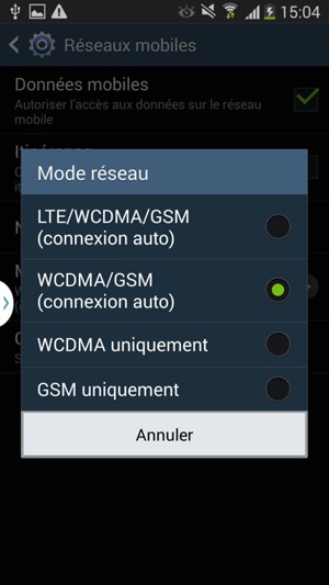 Sélectionnez GSM uniquement pour activer la 2G et GSM/WCDM (connexion auto) pour activer la 3G