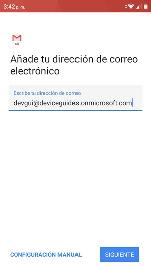 Introduzca su Dirección de correo electrónico y seleccione CONFIGURACIÓN MANUAL