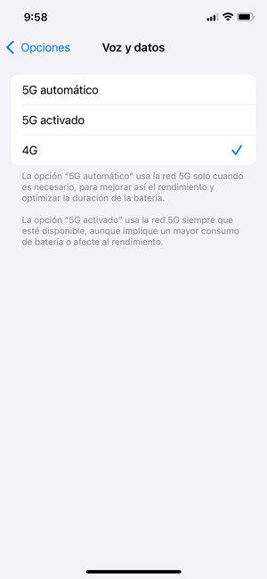 Para habilitar 4G, seleccione 4G